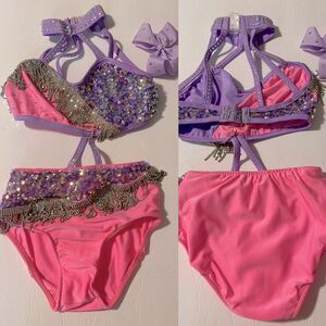Glamour solo sassy dance costume purple pink embellished rhinestone fringe LC